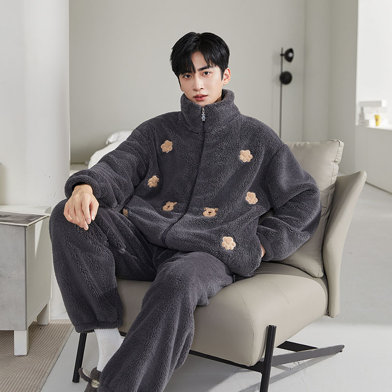 云朵绒睡衣男秋冬款拉链保暖冬季加绒加厚男士家居服套装男