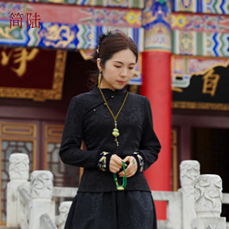 简陆【南枝】桑蚕丝真丝刺绣立领斜襟新中式国风加厚打底衫-10129