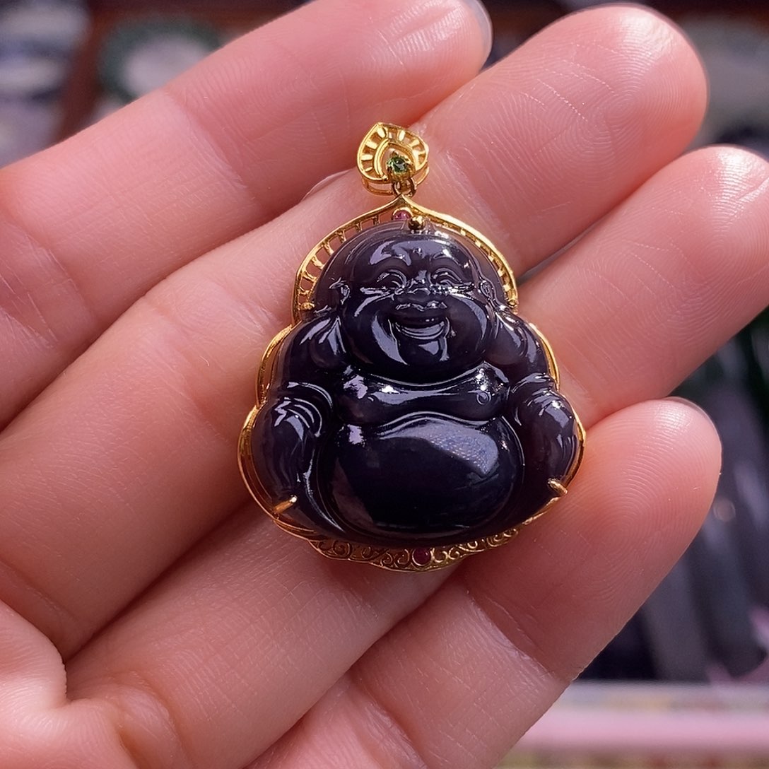 颈饰未镶嵌和田玉金镶浓烟紫帝王紫佛公吊坠