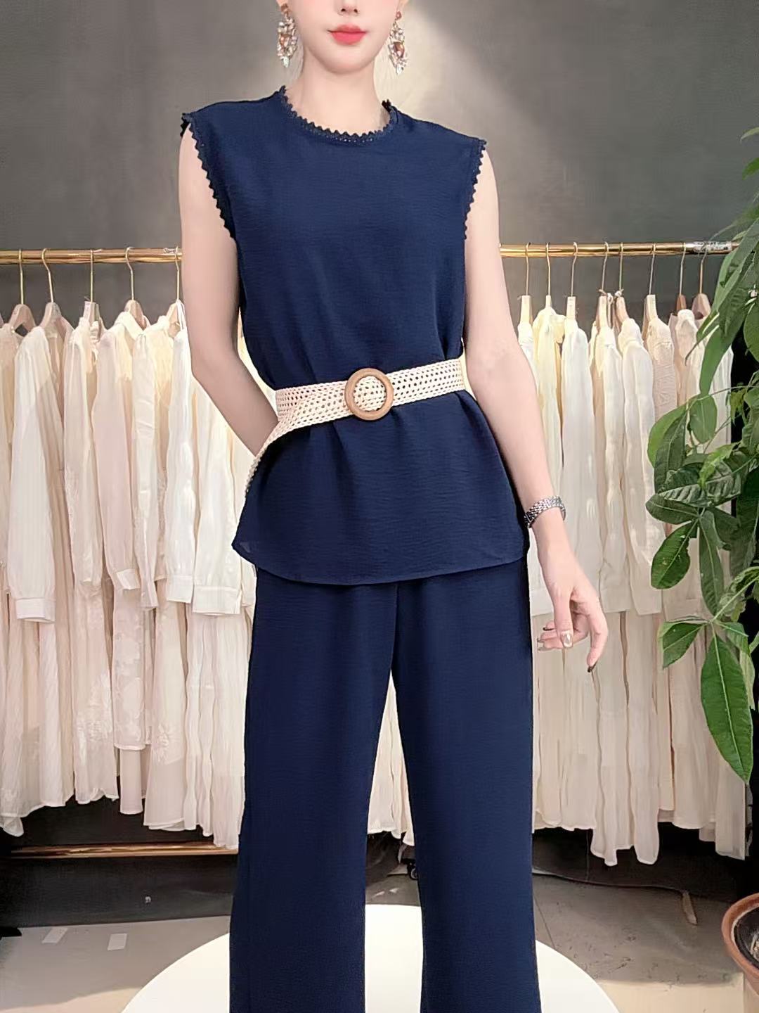 【三件套】时尚套装2025夏季新款休闲减龄上衣+阔腿裤+腰带套装M551