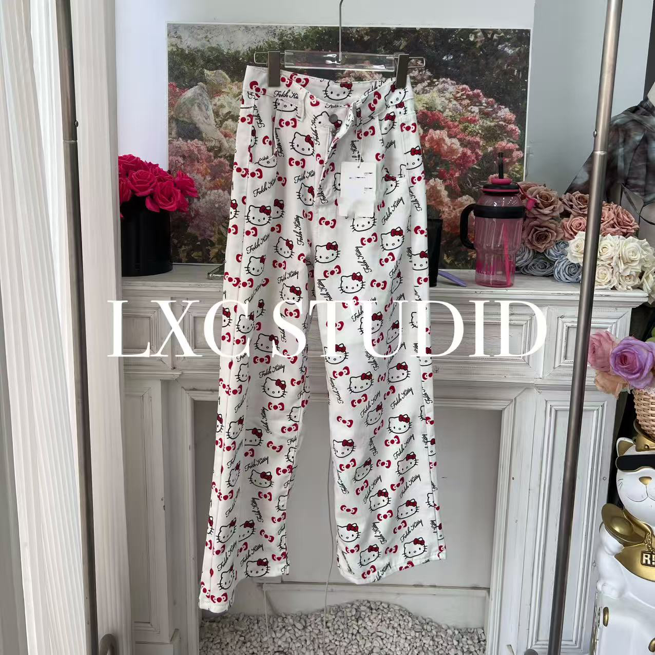 YA-涂鸦Kitty·定制款韩系小众撞色阔腿裤【6163】