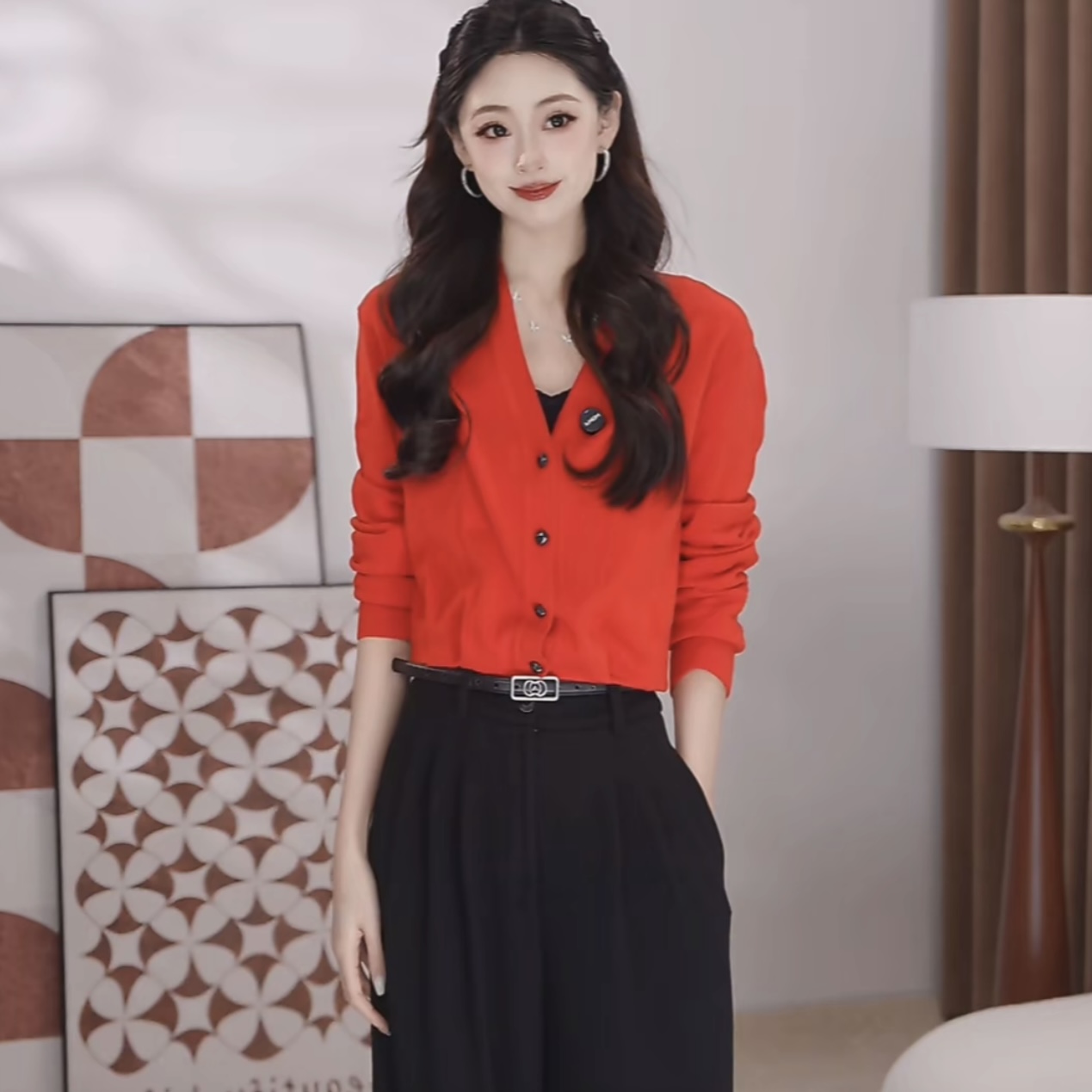 AMASS阿玛施 新款冬季时尚百搭轻奢V领保暖针织开衫548053