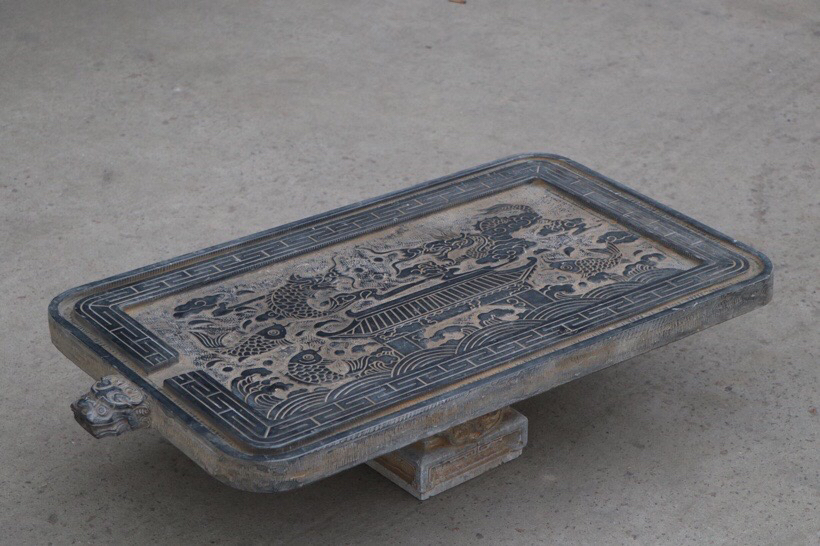 【青石雕刻带龙头鱼跃龙门茶盘摆件】长90厘米，宽49厘米，厚4厘米