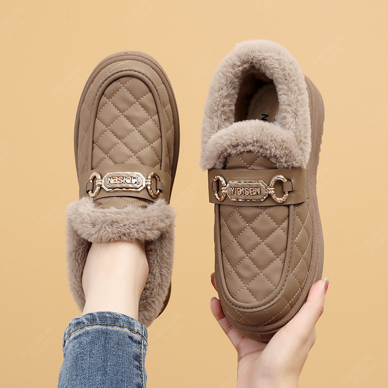 意迪森加绒加厚保暖毛毛鞋舒适软底豆豆鞋秋冬季中老年防滑棉鞋