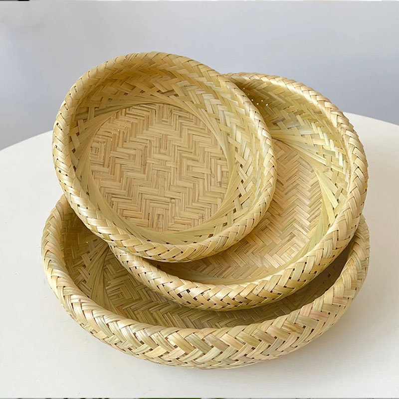 Q-双层竹青果盘竹皮编织双层鸟巢款浅盘22+26+30cm