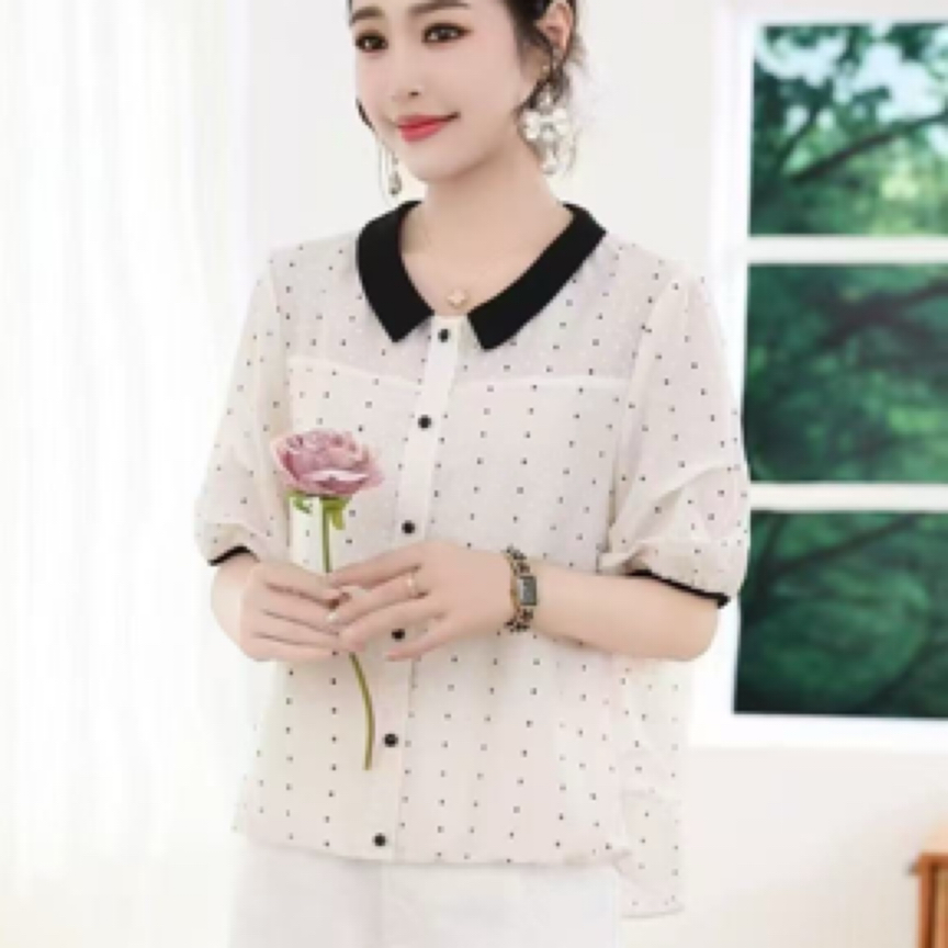 新款撞色娃娃领短袖设计感小衫夏季宽松显瘦百搭