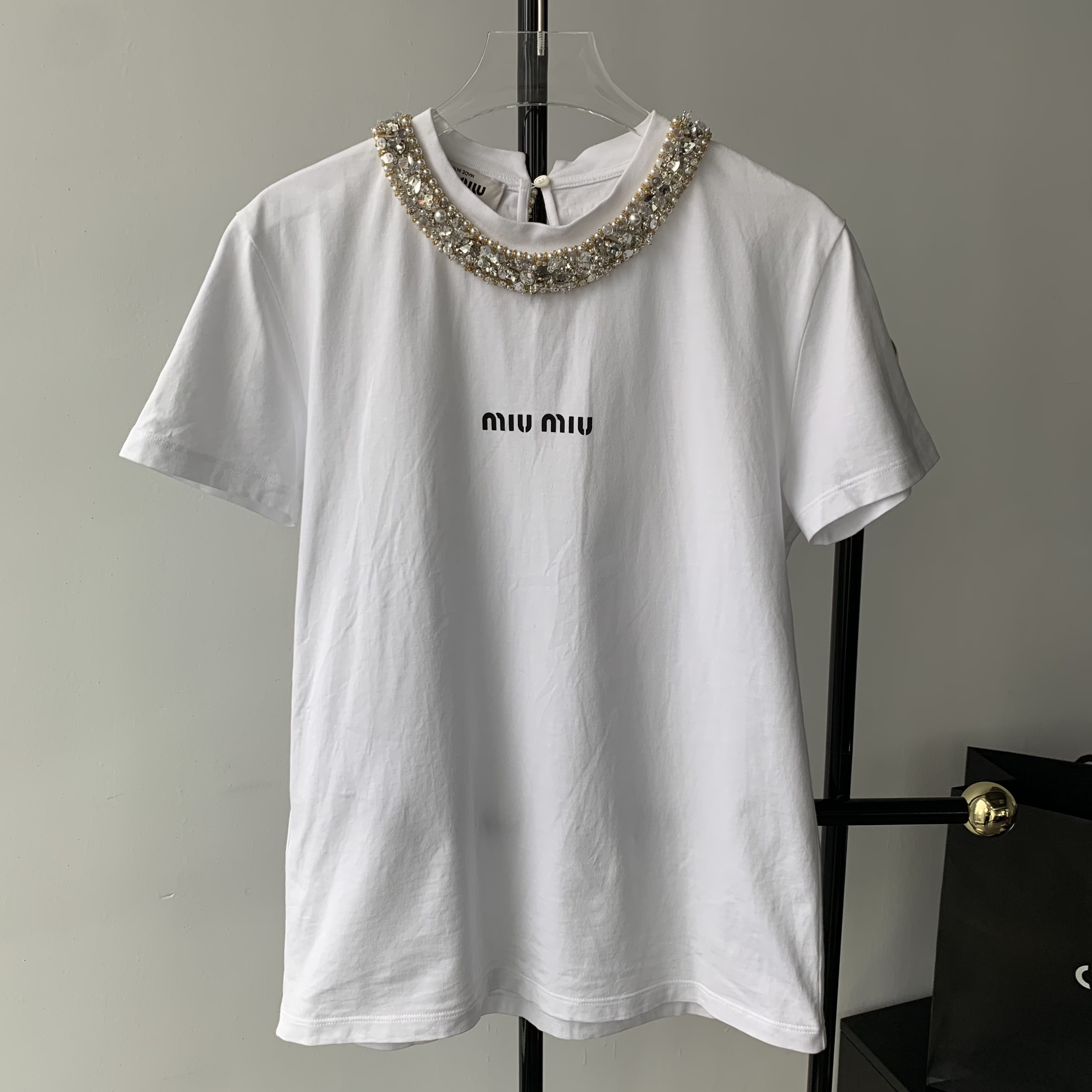 99新 MIU MIU/缪缪 白色钉珠短袖T恤