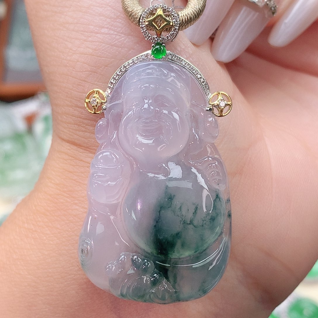 颈饰18K金镶嵌翡翠财神爷