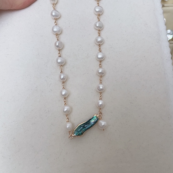 颈饰淡水珍珠钛钢手工编织平衡木款40+5厘米