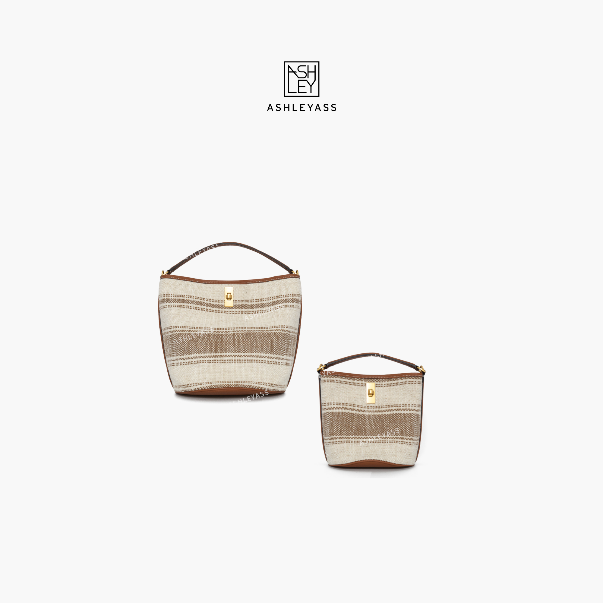 ashleyass水桶包斜挎法式通勤单肩包灰白撞色手提包LSP520056W