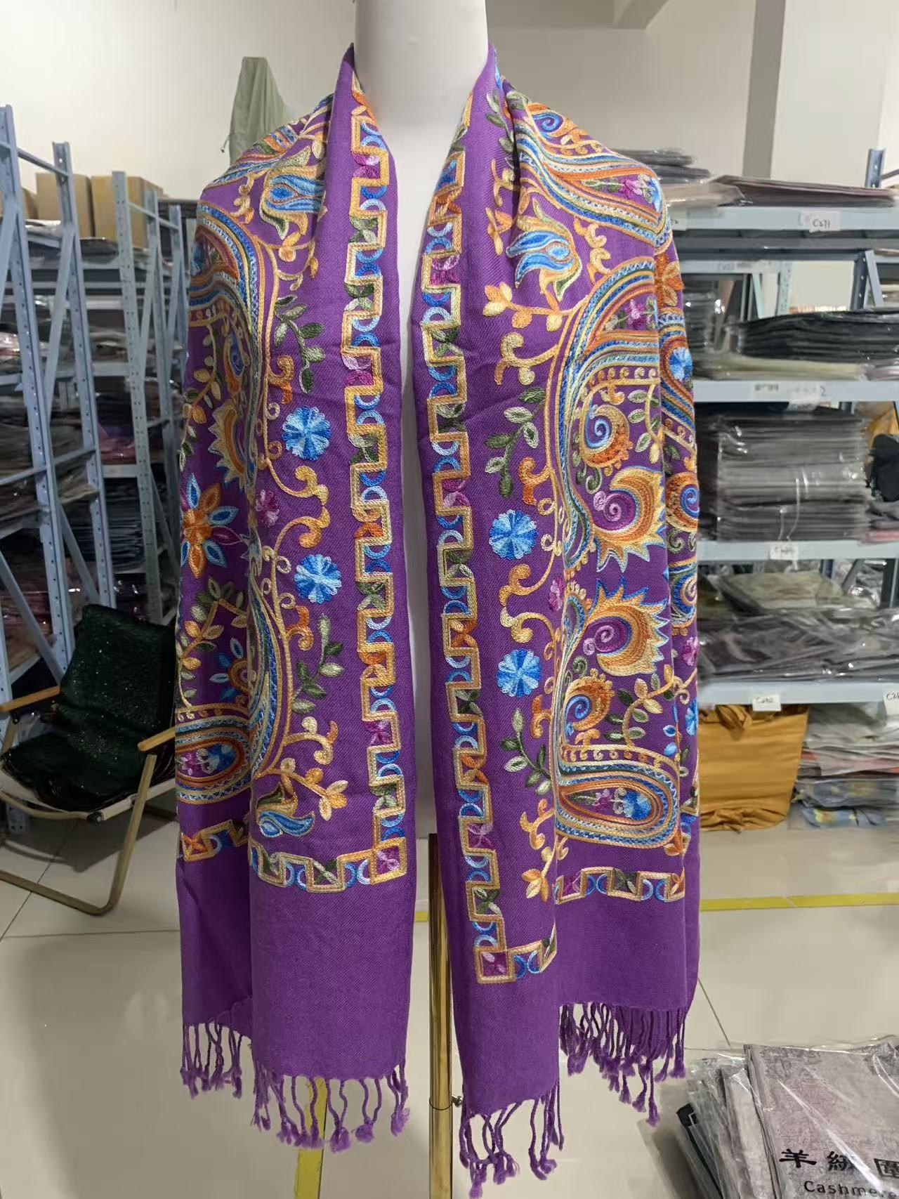 Y007 腰果花 一百支纯羊毛绣花围巾披肩民族风尼泊尔风情