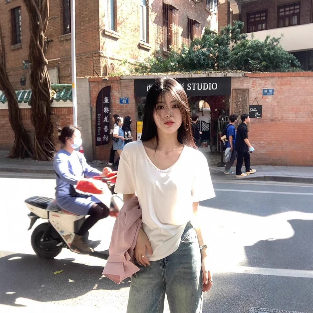 白色v领短袖t恤女纯棉大码宽松夏季慵懒风纯色打底衫内搭休闲上衣