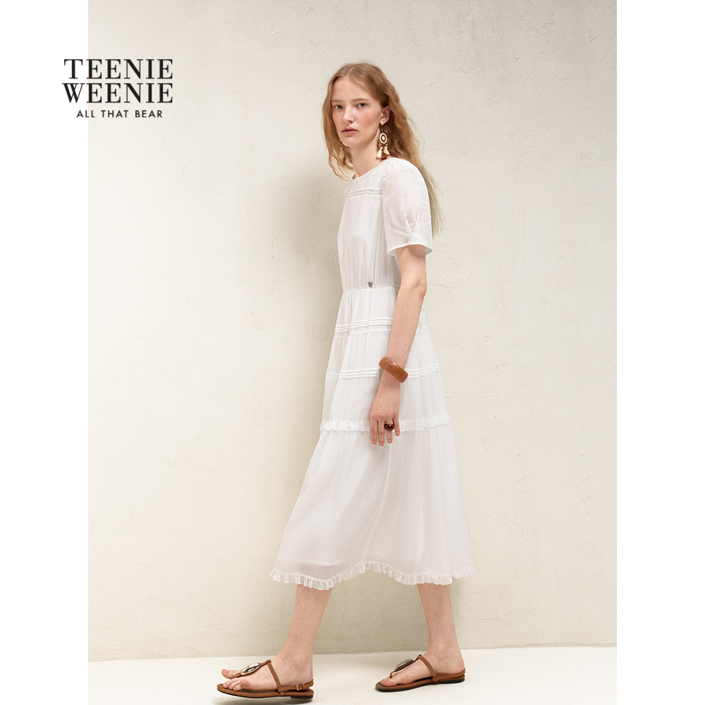 【桑蚕丝】TeenieWeenie小熊女装26夏新蕾丝短袖连衣裙TTOW2625CBA