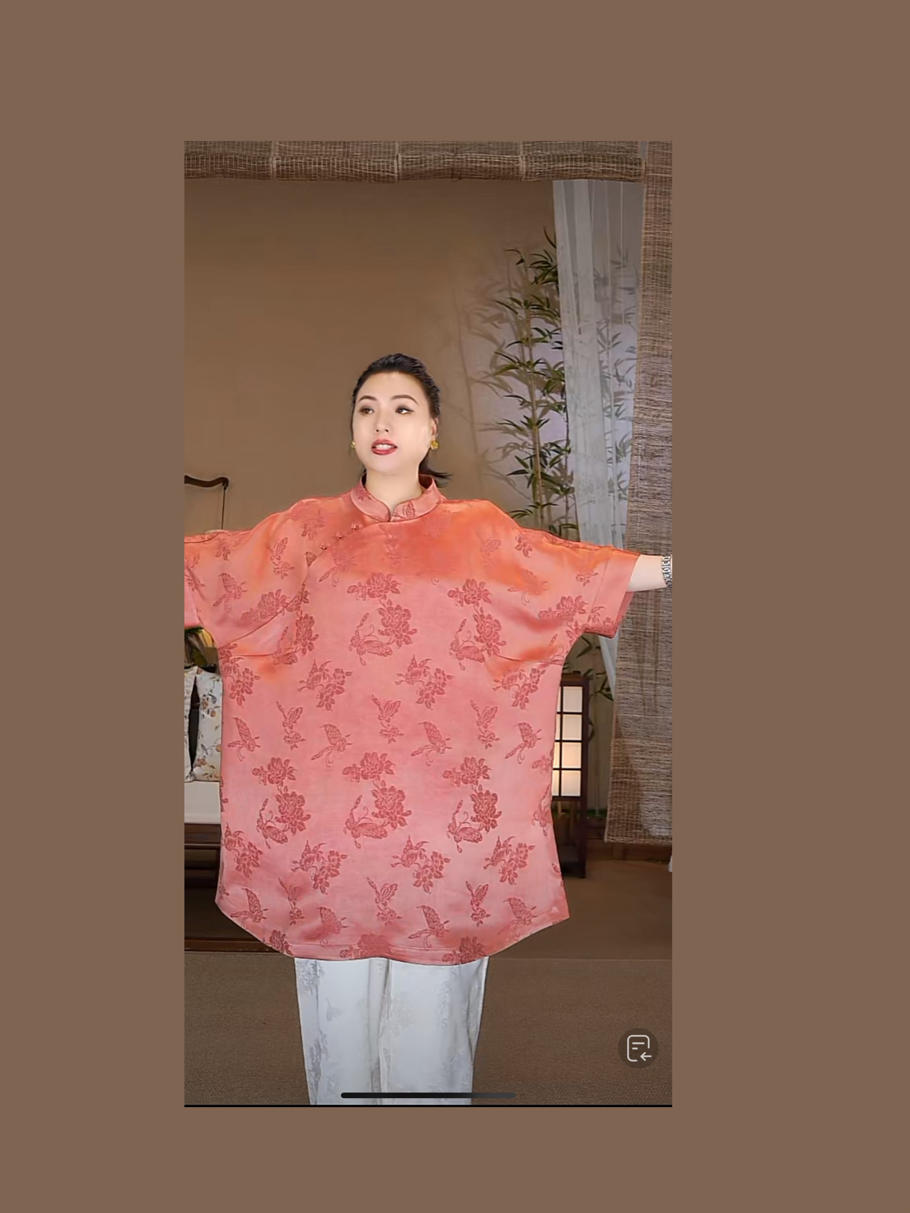 桑蚕丝100%香云纱重缎提花粉色改良旗袍