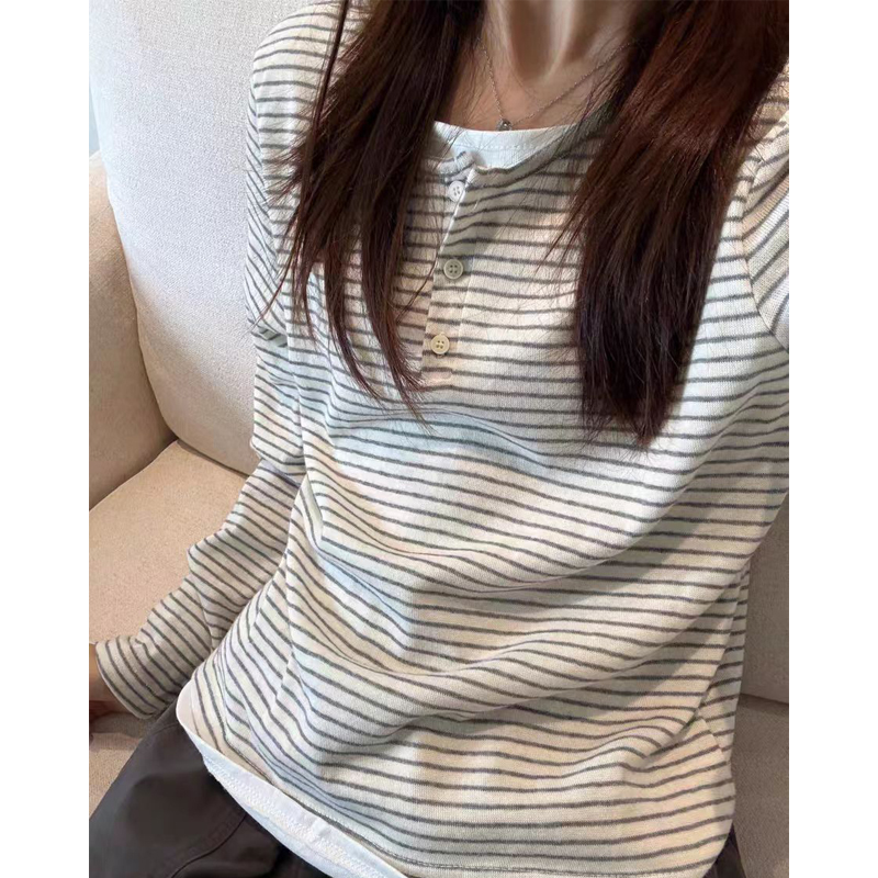 9224#韩系复古正纽扣圆领假两件条纹长袖T恤女秋冬慵懒小众上衣
