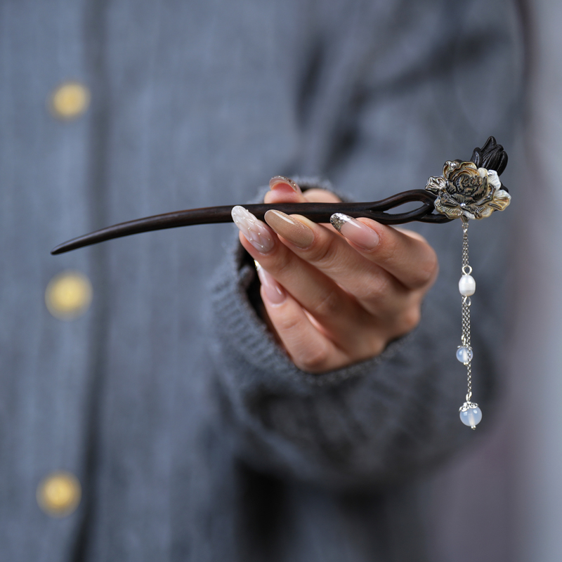 古风气质簪子女新中式牡丹花黑檀木发簪盘发头饰旗袍流苏步摇发饰