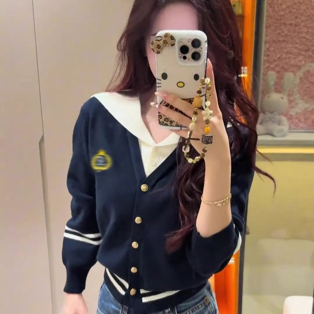 353 编号  学院风撞色海军领假两件长袖针织衫修身显瘦上衣