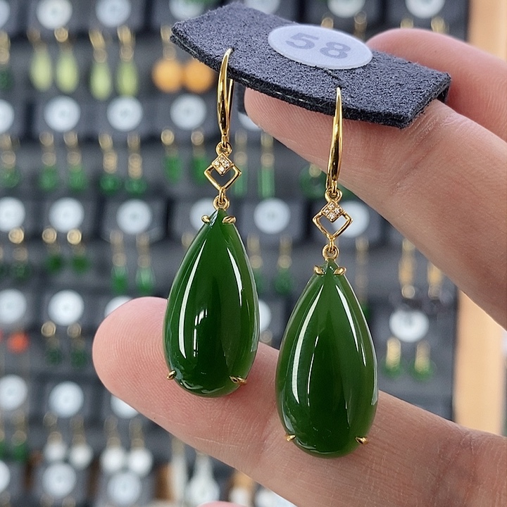 和田玉耳饰18K金镶嵌