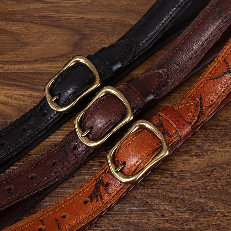 3.3cm宽复古潮流个性鹿角纹皮带男真皮针扣头层牛皮休闲牛仔腰带