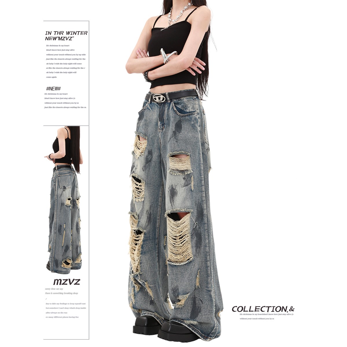 美式复古废土风泼墨破洞牛仔裤女夏季设计感大码高腰宽松阔腿裤子