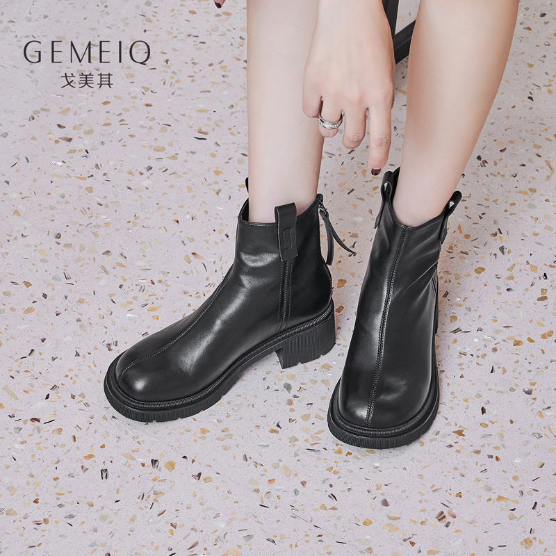 GEMEIQ/戈美其时尚圆头后拉链女短靴百搭粗跟加绒法式女靴子A55