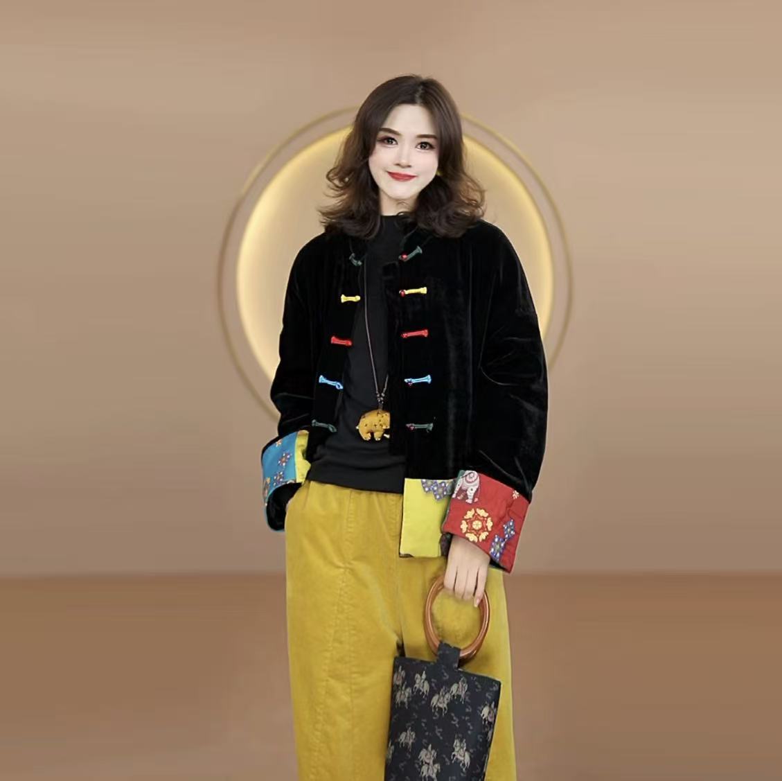 彩虹扣-秋冬新款新中式国风盘扣丝绒长袖宽松上衣