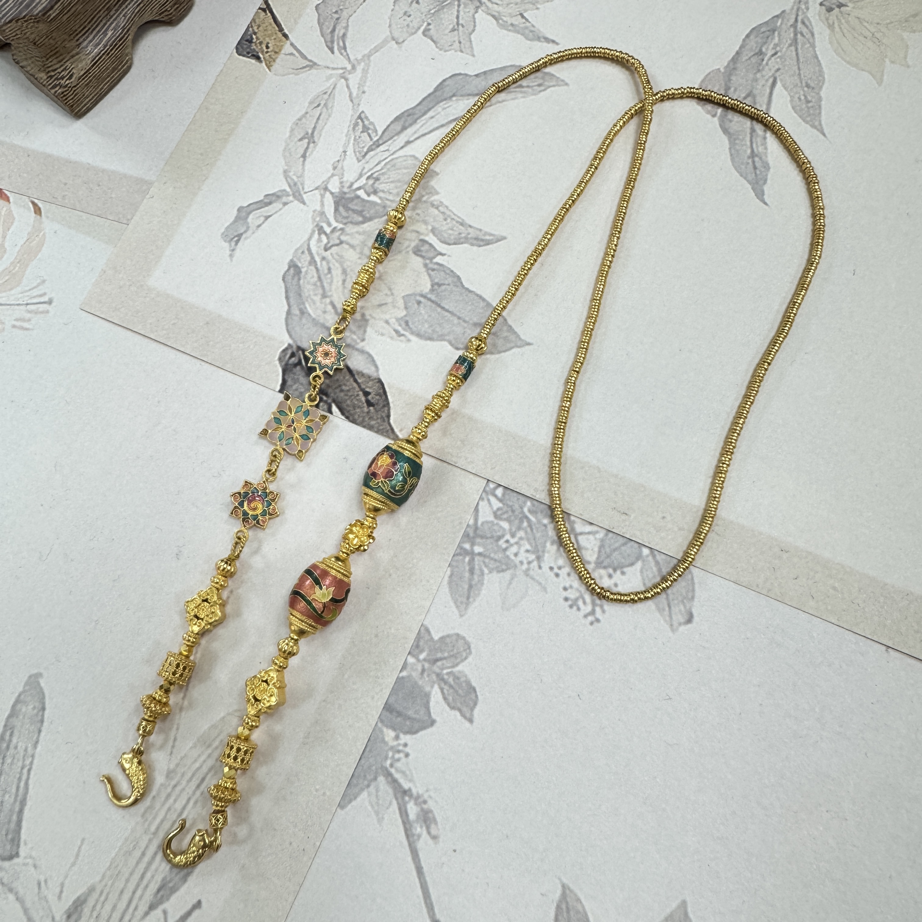 【肆玥珠宝】高温烧蓝生辰花桶珠足金项链手工复古61cm