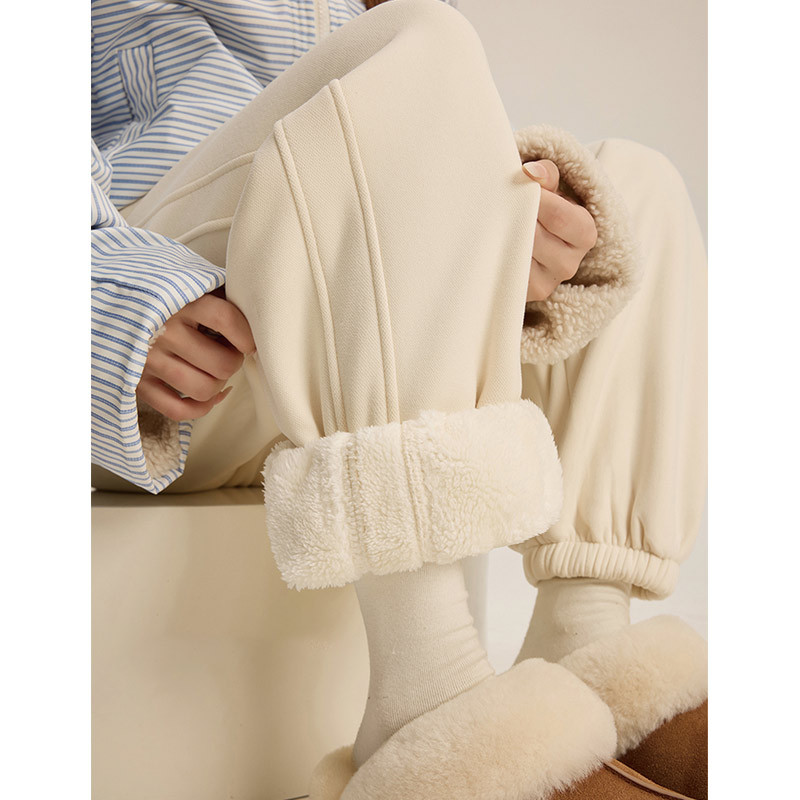 羊羔绒束脚防风运动裤子女秋冬季高腰显瘦保暖棉裤小个子休闲卫裤