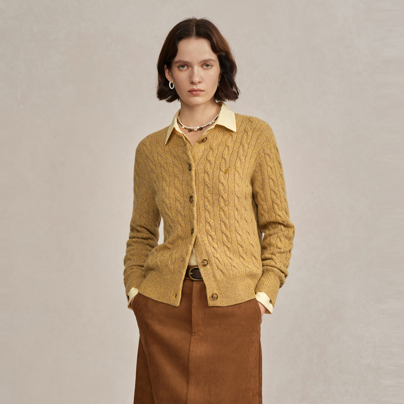 POLOWALK羊毛针织开衫女秋冬款圆领绞花针织衫毛衣AM8W44520182