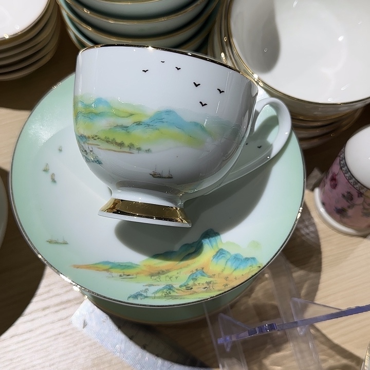 火***灼瓷千里江山咖啡杯1杯1碟