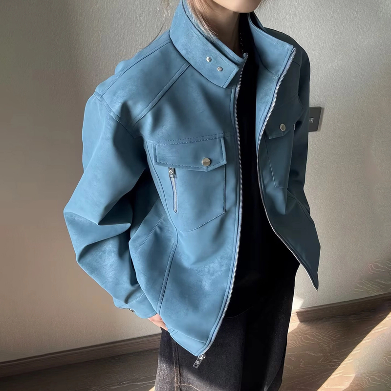 WIND BLOWS2025春装立领散口袖中性百搭PU皮夹克时尚潮流设计