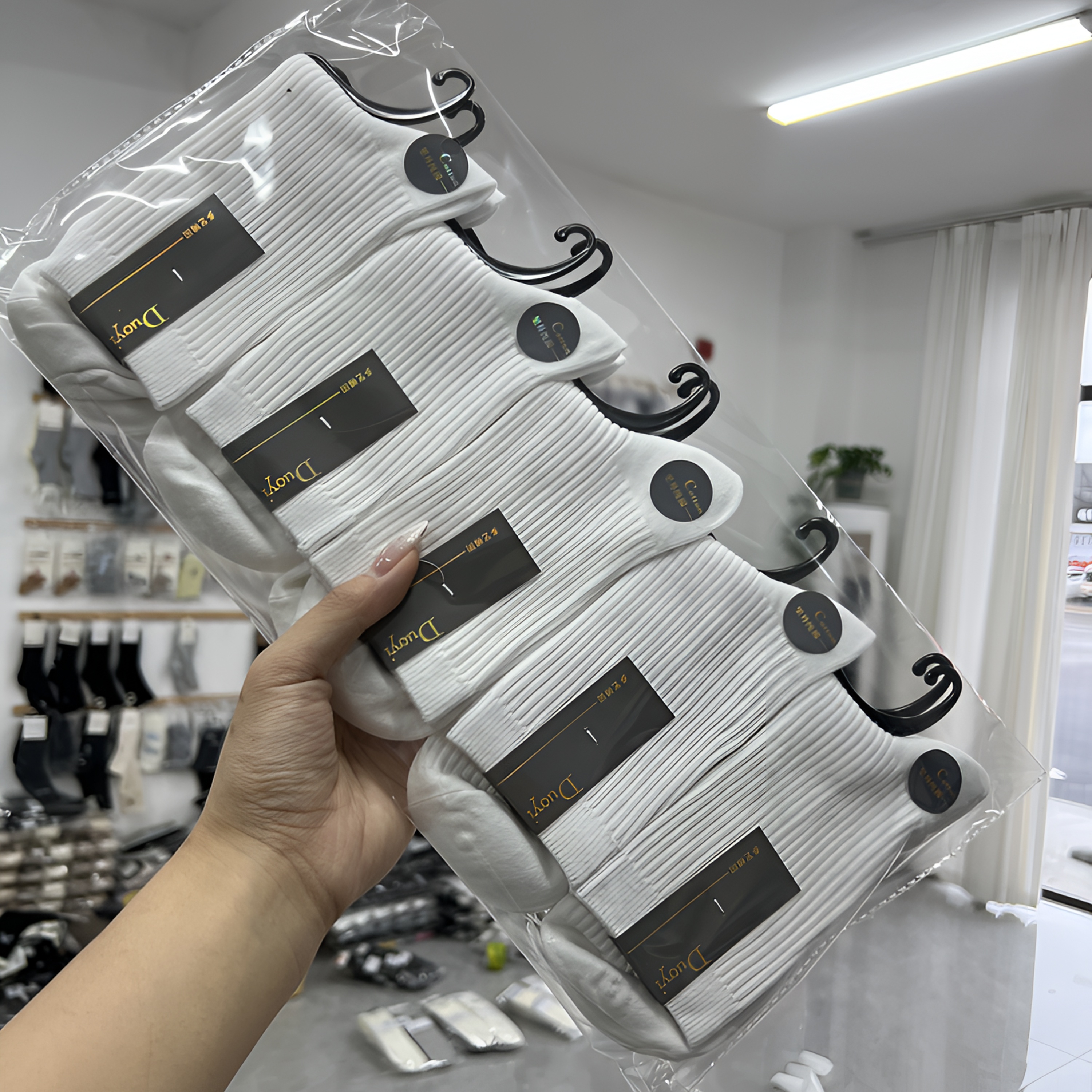 春秋四季双针纯棉男女中筒袜