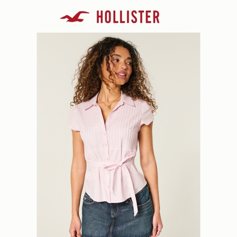 Hollister美式收腰系带修身内搭短袖衬衫26春新款女装340-6070