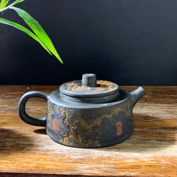 云南建水紫陶茶壶彩填残帖周盘壶复古手磨陶瓷壶带火痕功夫茶壶