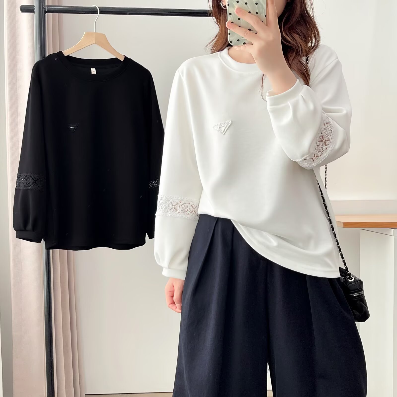 大码女装 胸108-132 袖口蕾丝打底衫2553#