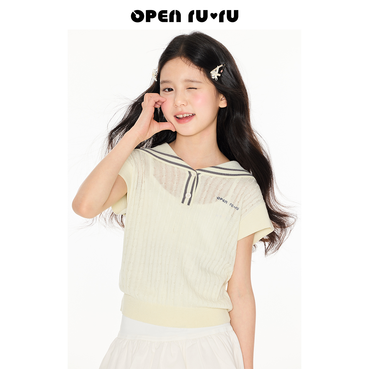 Opennunu女童镂空翻领针织短袖夏季中大童海军领撞色刺绣凉爽上衣