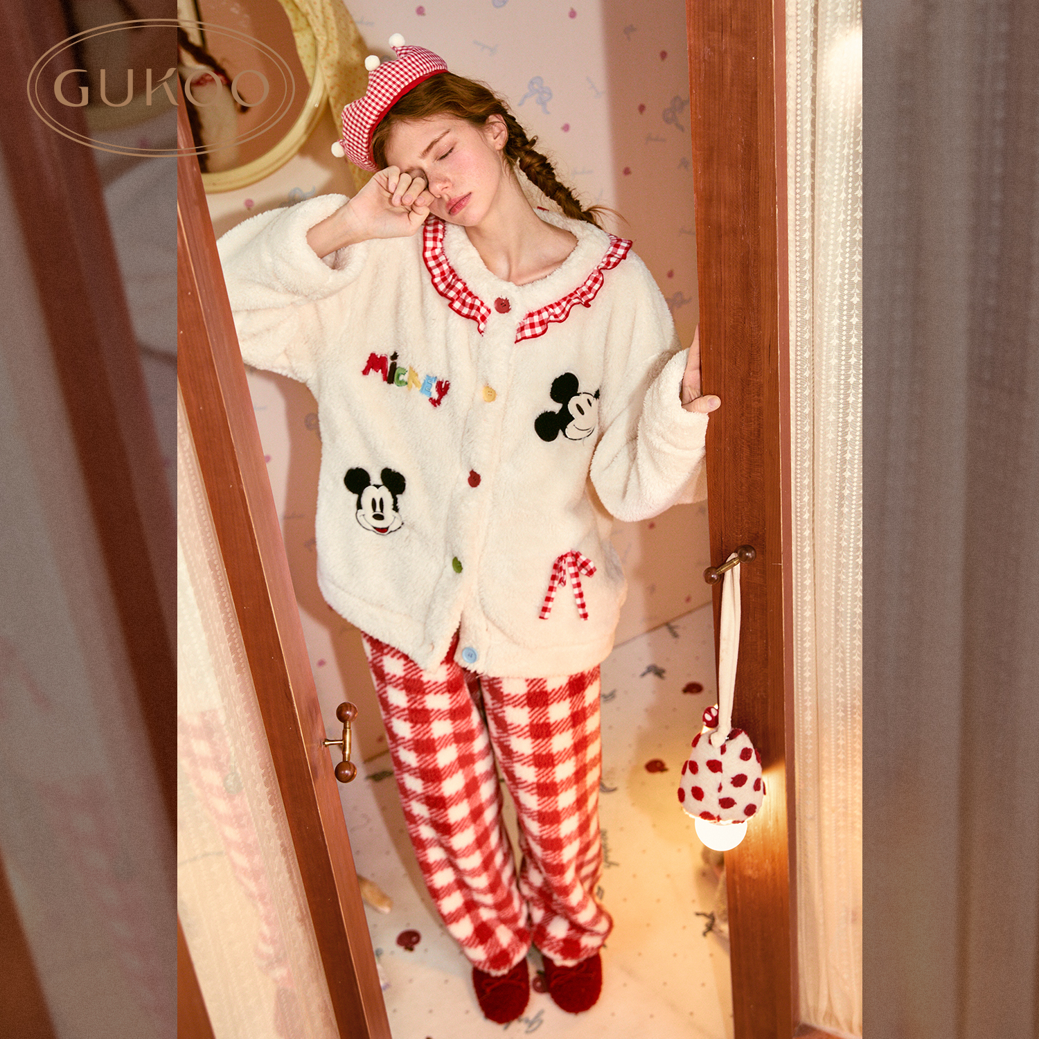 Gukoo/果壳迪士尼联名睡衣套装云感长毛绒舒适可外穿家居服格纹