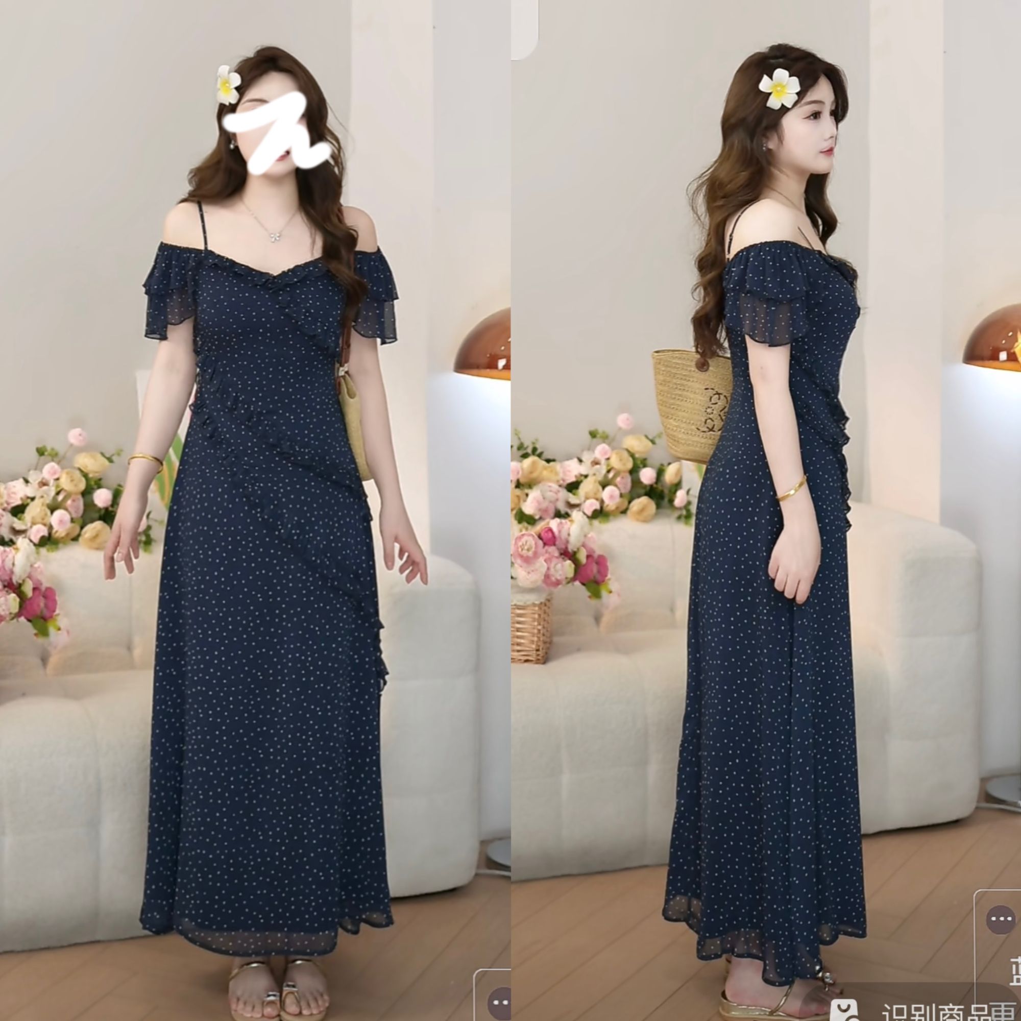M u子酱微胖夏季大码胖mm修身显瘦气质高级感露肩连衣裙WPWGN0030