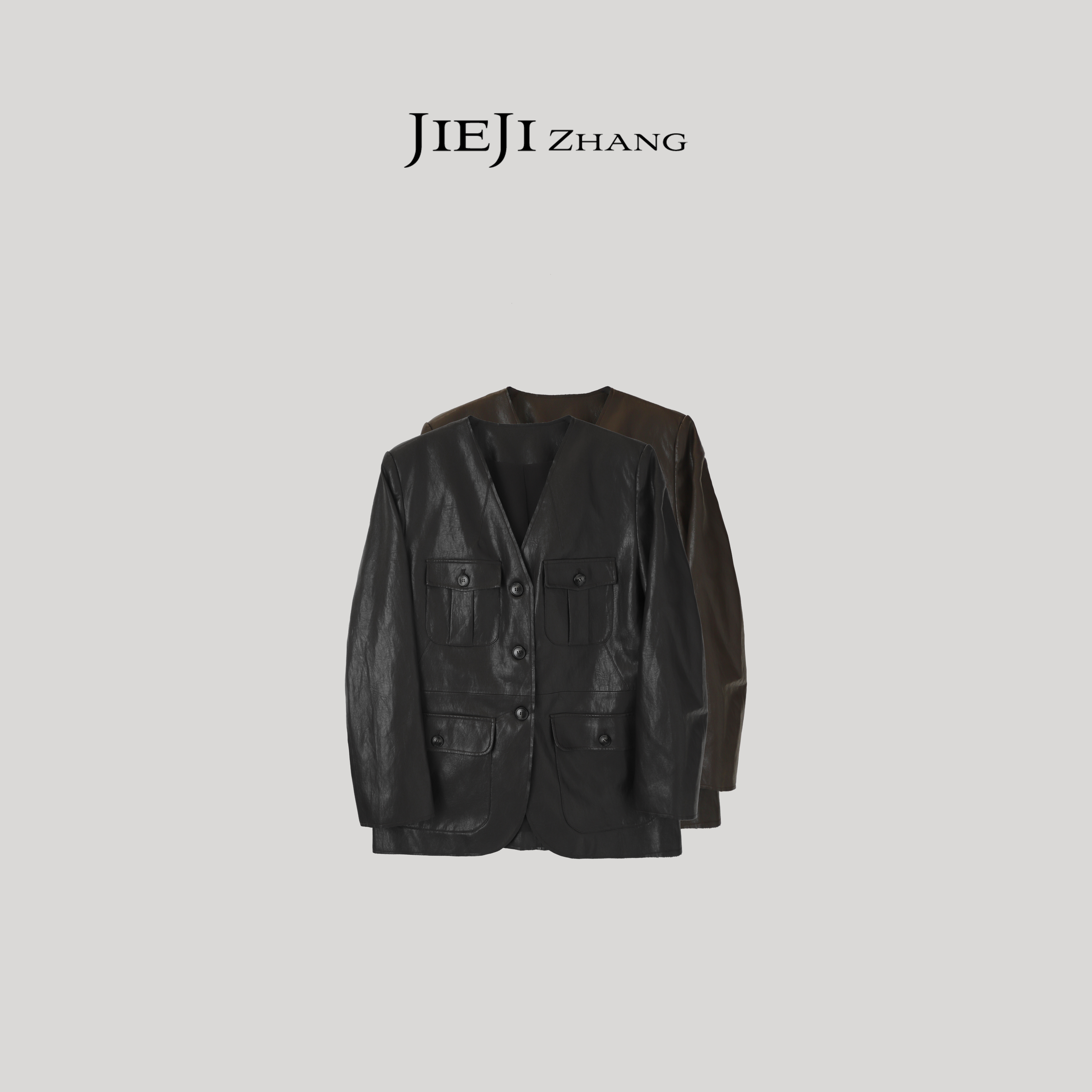 【JIEJI ZHANG】高级定制秋冬时尚多口袋百搭皮衣351532