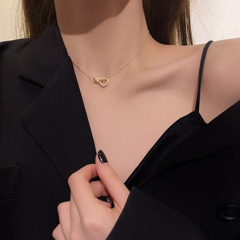 钛钢项链 不掉色爱心双扣项链女心连心双环百搭简约饰品102
