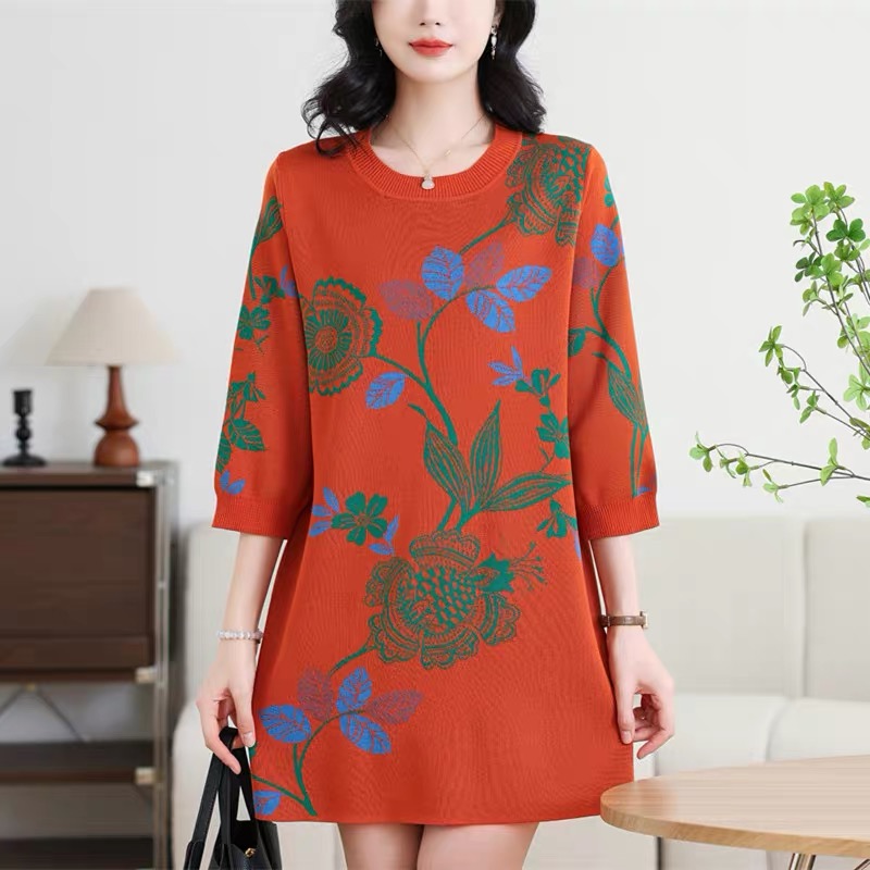 【519】春季新款针织宽松连衣裙女装气质减龄显瘦大码中年妈妈装