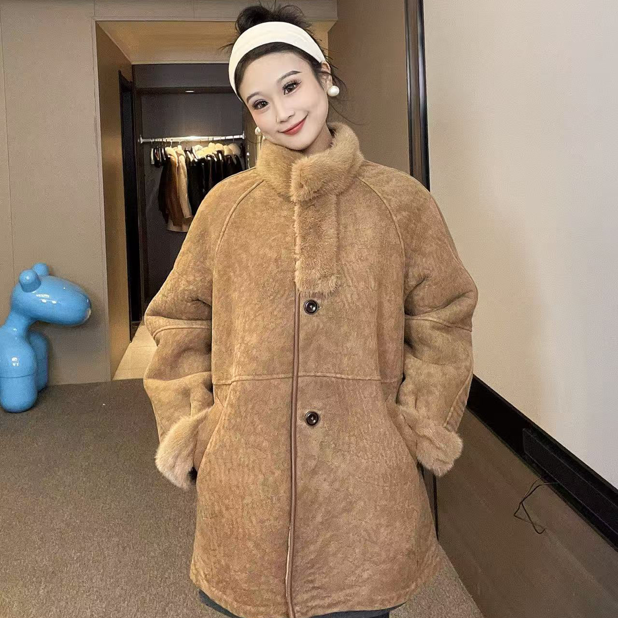 JL2668羊皮羊毛一体大衣中长款水貂领皮草外套都冬季保暖皮毛一体