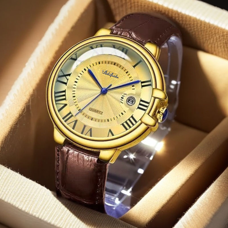 经典款式皮带金气球商务腕表防水日历不锈钢材质大气时尚