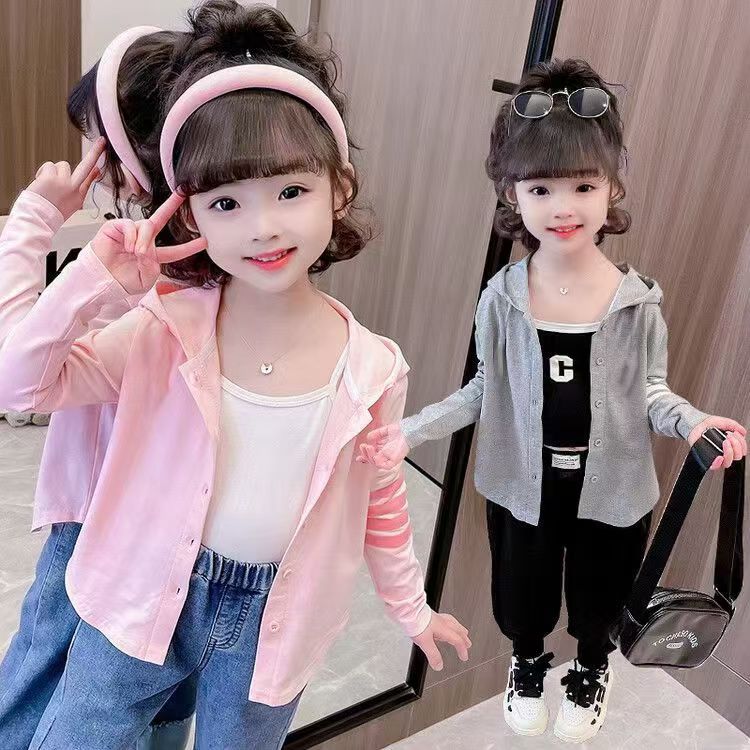 秋新女童女孩外套新款女宝纽扣连帽开衫儿童韩版春装休闲洋气外套