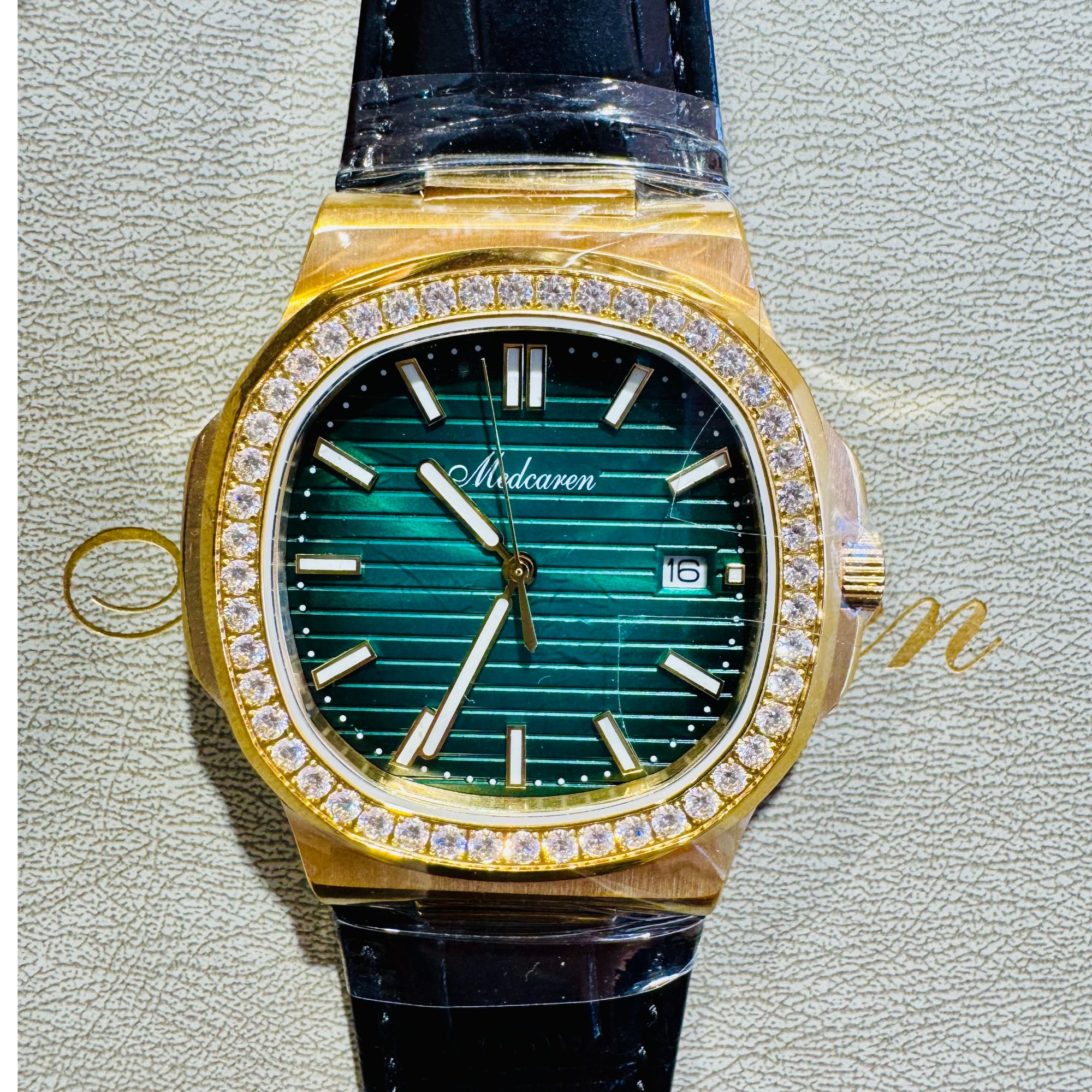 男士黄金手表石英机芯名表系列防水夜光腕表湖蓝色金色鹦鹉螺手表