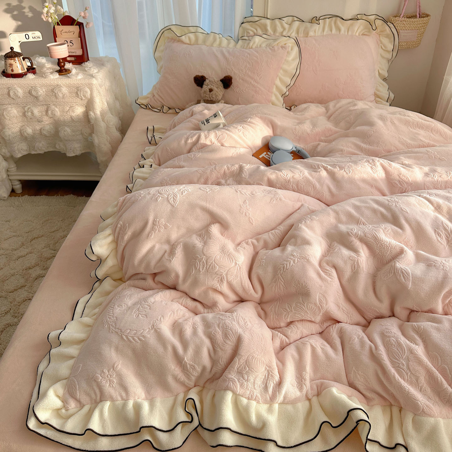 复古法式秋冬保暖加厚牛奶绒四件套加绒床单被套珊瑚绒床上用品