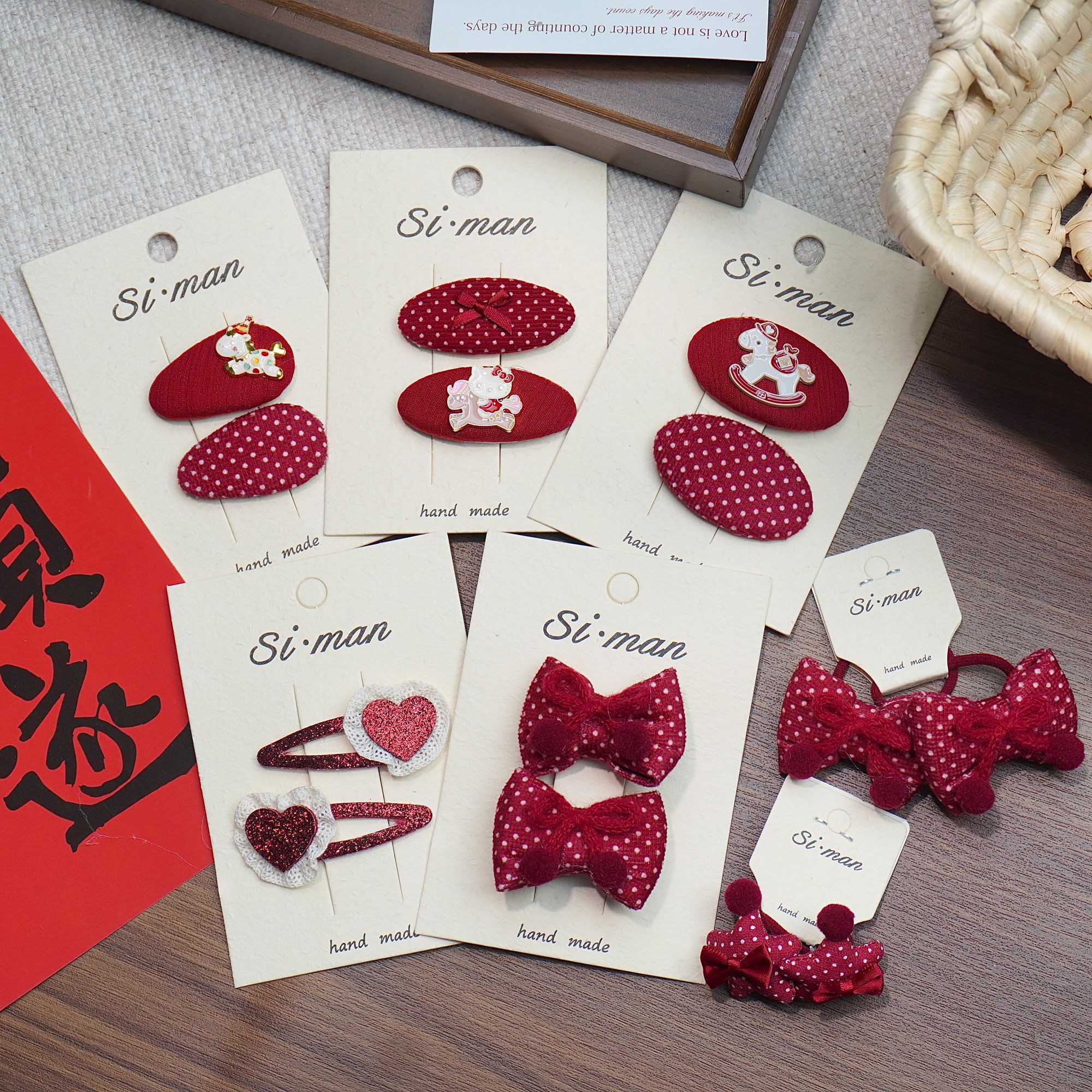 满9.9飞 新年红色波点蝴蝶结爱心儿童发夹BB夹宝宝碎发夹拜年发饰