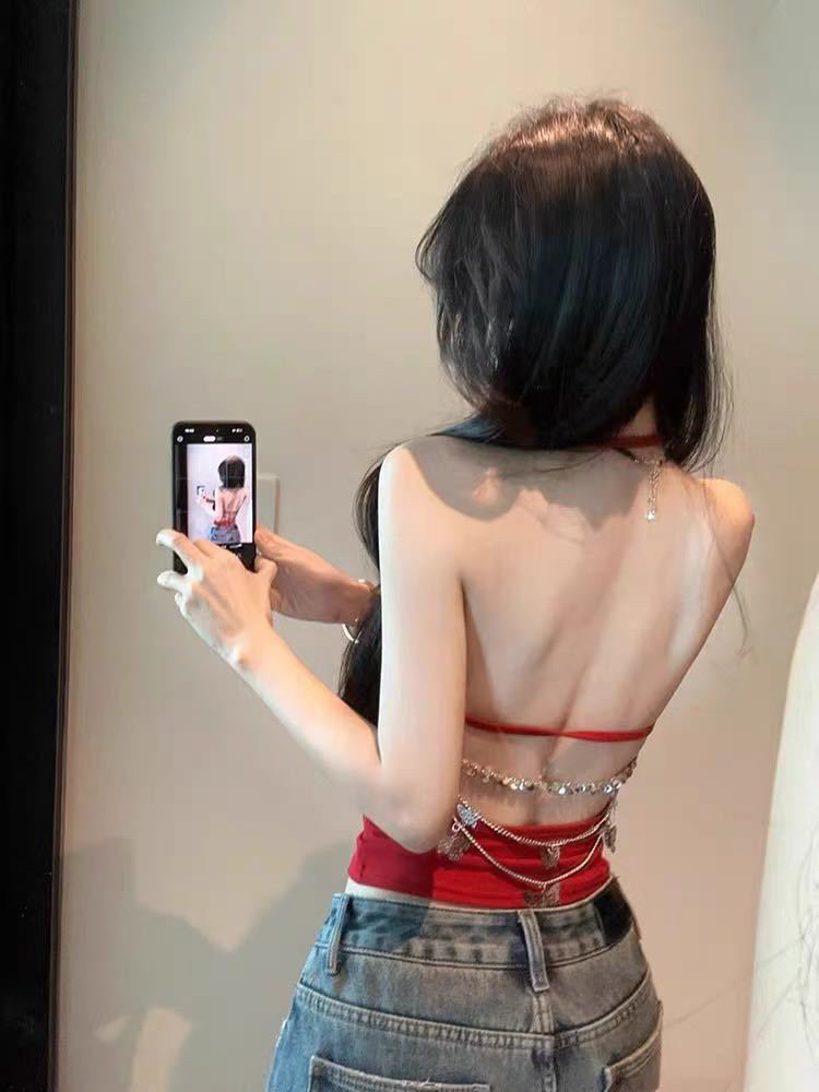 性感辣妹露背蝴蝶链条挂脖吊带背心女夏季纯欲风修身显瘦短款上衣