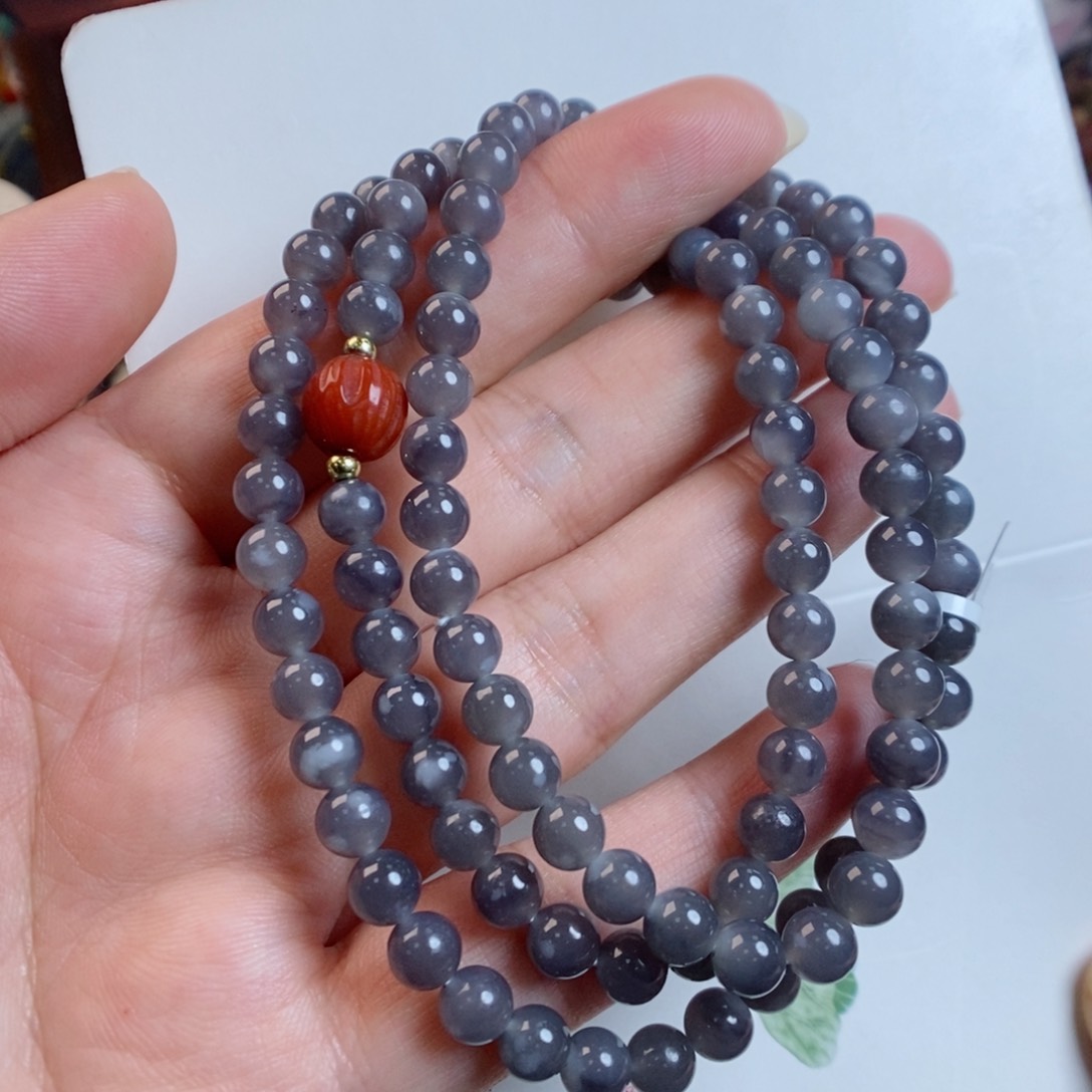 和田玉手链未镶嵌6烟紫带棉