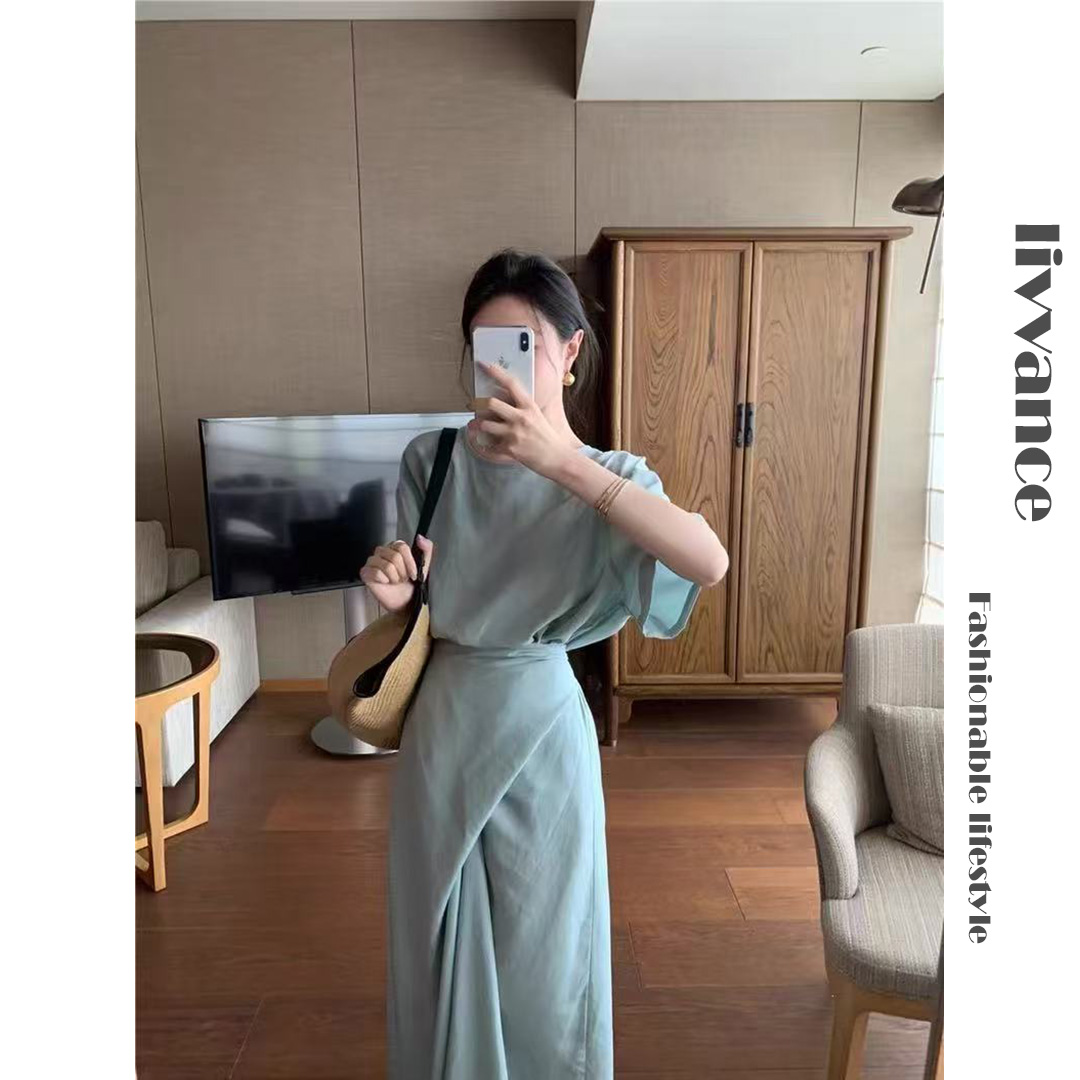 韩系简约圆领短袖收腰显瘦不规则系带气质小众连衣裙